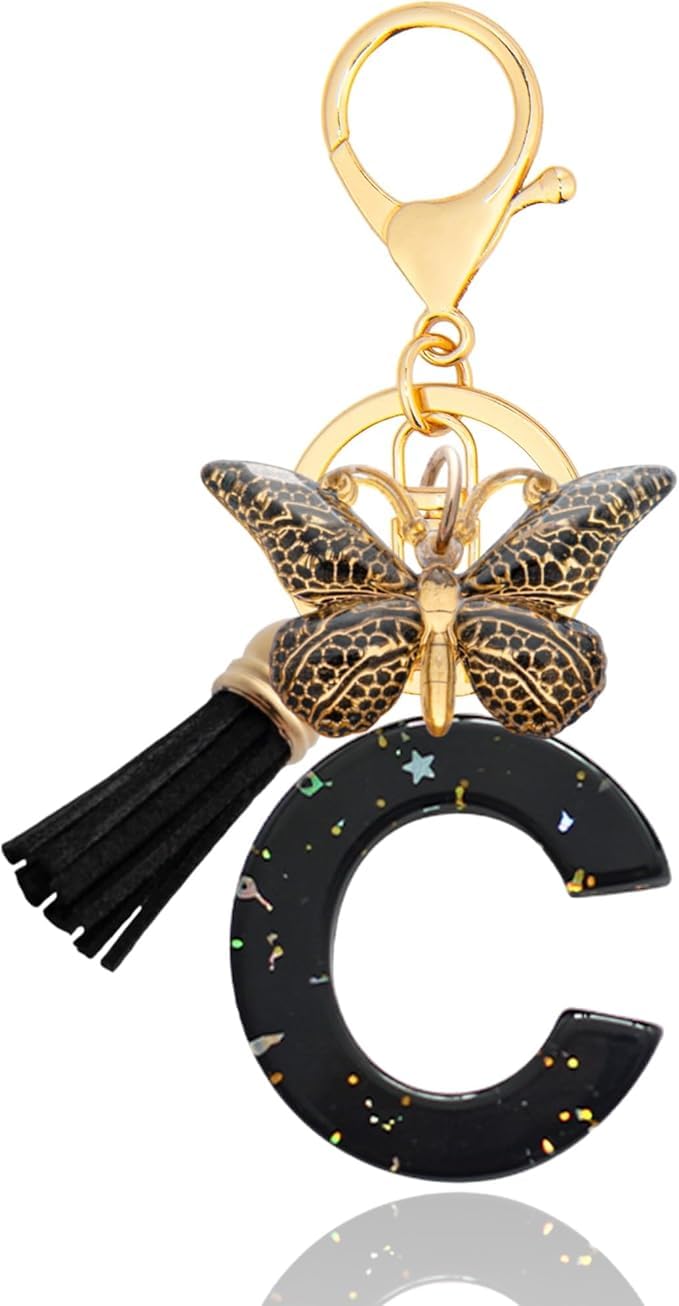 El Regalo Personalized Name Initials Butterfly Charm Keychain - Name Letter Keyring with Black & Golden Tassel & Butterfly Pendant, Purse, Bag, Backpack Accessory (C Letter)