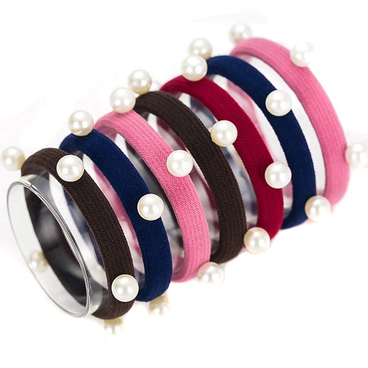 El Regalo Imitation Pearls Elastic Rubber Band Ties Ponytail Holder Scrunchy (Combo Set of 6) | Fancy Rubber Bands for Girls & Women | Fancy Rubber Bands for Hairs (Mixed Dark Colors)