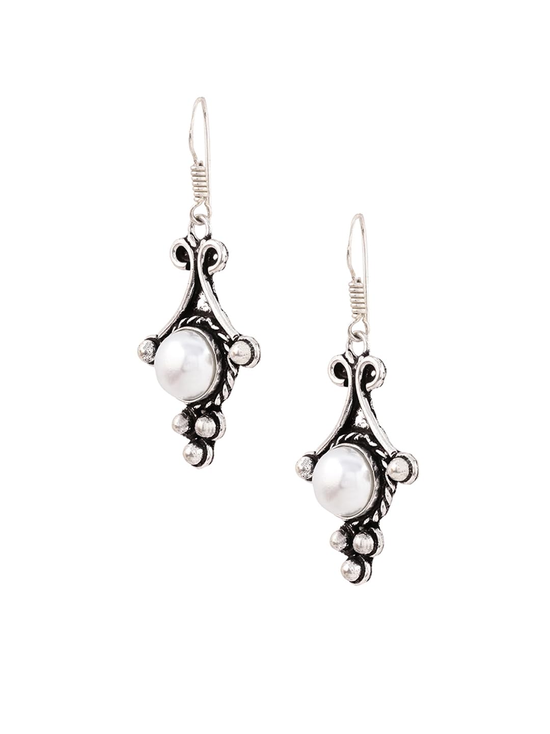 El Regalo Oxidized 925 Silver Plated Pearls Hook Earrings- Vintage Retro Style Pearl Drop Handmade Earrings for Women/Girls
