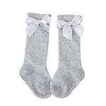 El Regalo Baby Girls Socks Knee High with Bows Princess Socks Kids Girls | Long Booties Vertical Striped Cotton Leg Warmer Socks (2-4 years) (Gray)