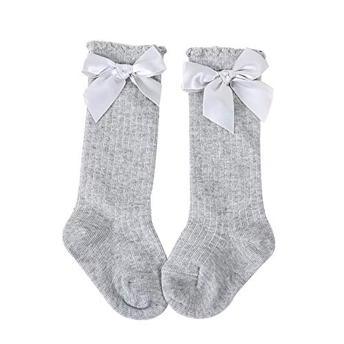 El Regalo Baby Girls Socks Knee High with Bows Princess Socks Kids Girls | Long Booties Vertical Striped Cotton Leg Warmer Socks (2-4 years) (Gray)