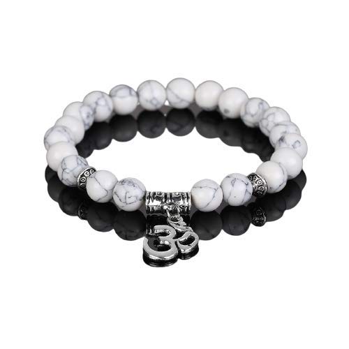 El Regalo OM Charm Healing Yoga 8mm Beads Stretchable Bracelets for Men/Women | OM Yoga Spiritual Jewelry (White)