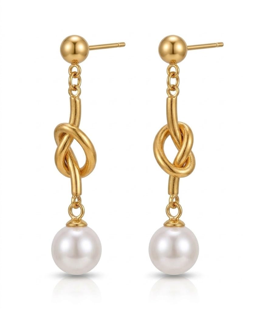 El Regalo Elegant 18K Gold Plated Stainless Steel Drop Earrings for Women & Girls | Tarnish-Free, Waterproof, Hypoallergenic Statement Fancy Western Earring Collection | Variations: Bow, Moon & Star, Starfish, Knot | For Office, Party & Gifting (Pearl Kno