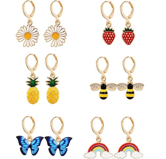 El Regalo 6 Pairs Cute Preppy Small Huggie Hoop Fun Charms Dangle Drop Earrings Combo for Girls- Flowers, Strawberry, Bee, Butterfly & Rainbow- Gift for Girls