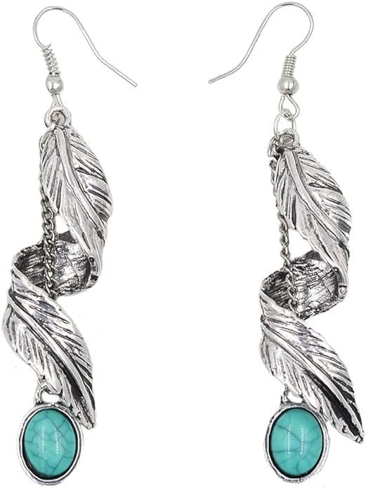 El Regalo Retro Imitation Turquoise Feather Vintage Tassel Earrings for Women- Gypsy Earrings Hippie Chic Boho Spiral Feather Earrings