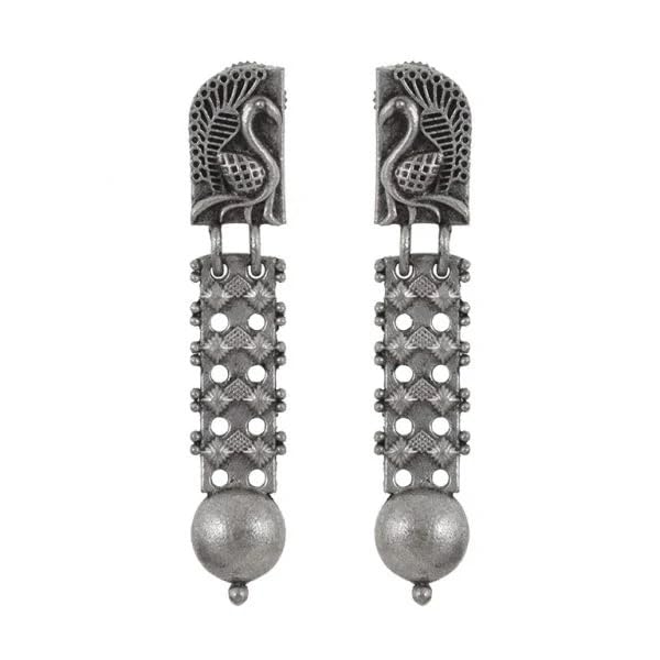 El Regalo Womens Silver Lookalike Brass Oxidised Peacock Studs Earrings- Indo Western Peacock Oxidized Earrings