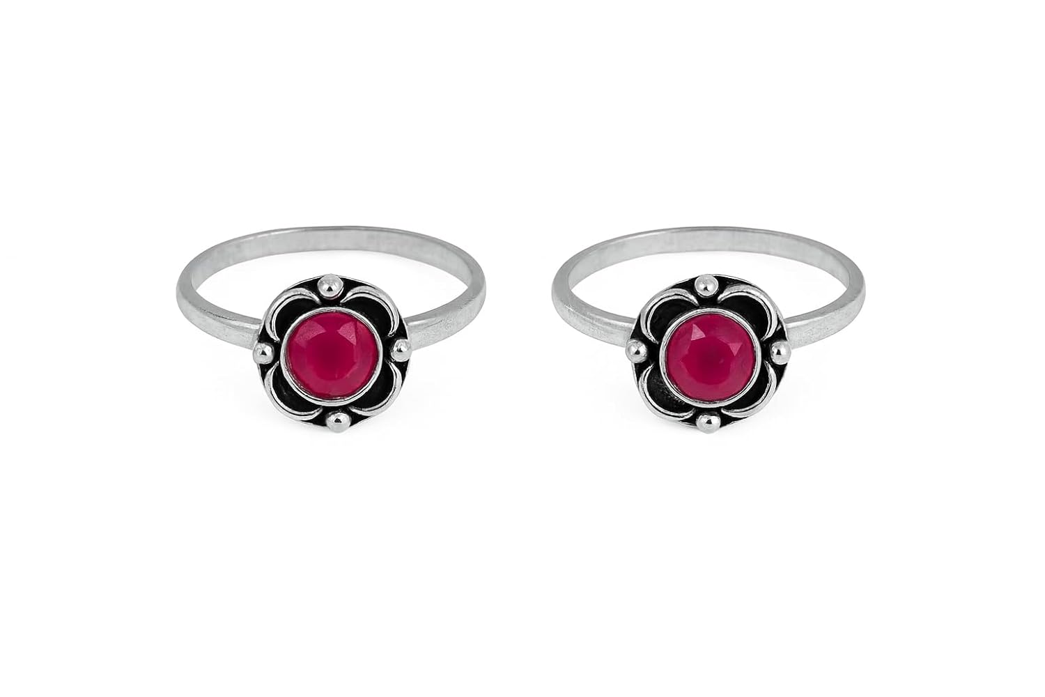 El Regalo Flowers Toe Rings For Women | Stones Toe Rings | Oxidized German Flower Toe Rings Set with Stones (1 Pairs) for Women (Red Stones)