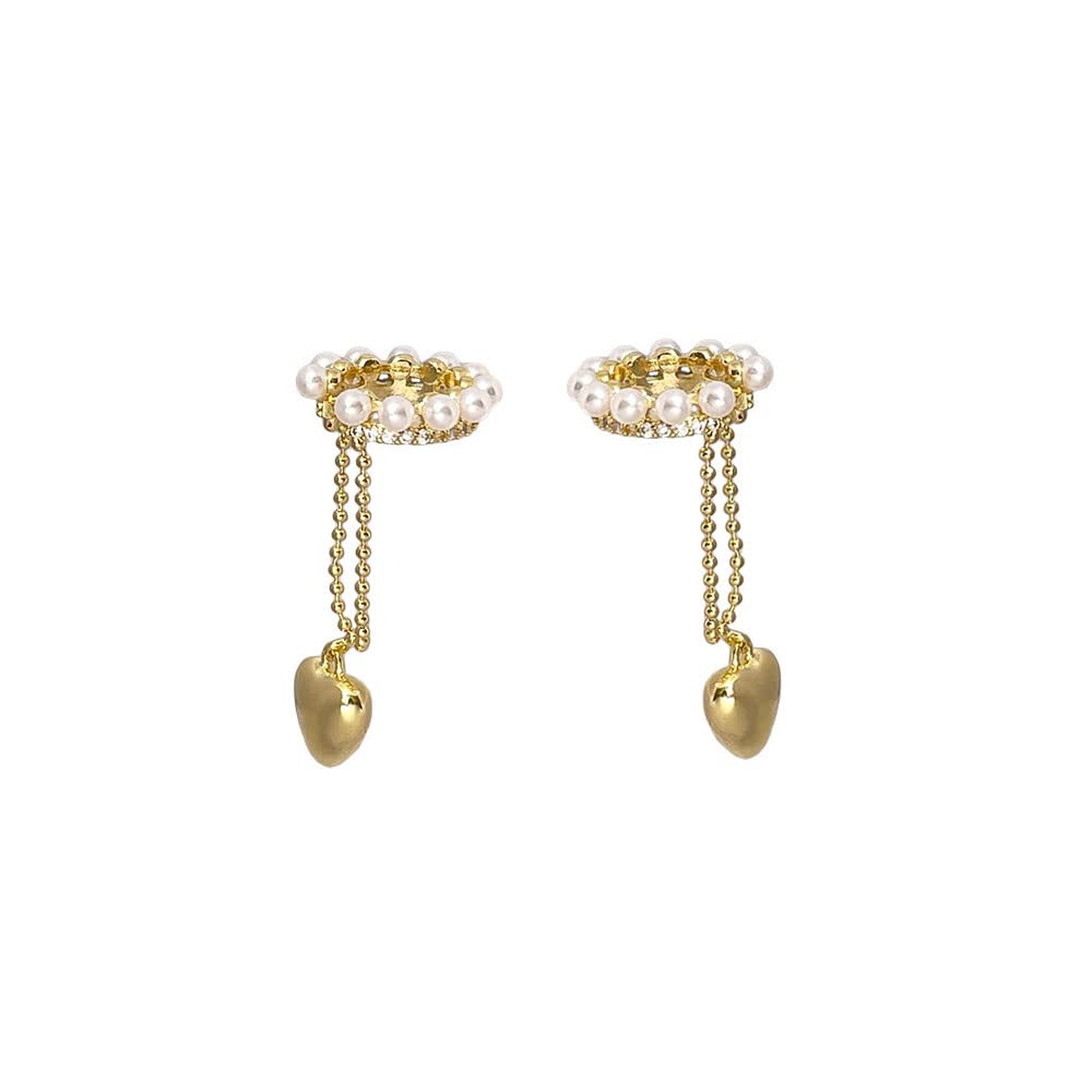 FUTIMELY Pearl Hoop Earrings Heart Chain Ear Cuff, Adjustable Non-Piercing Cartilage Clip On Earrings 2PCS Set for Women
