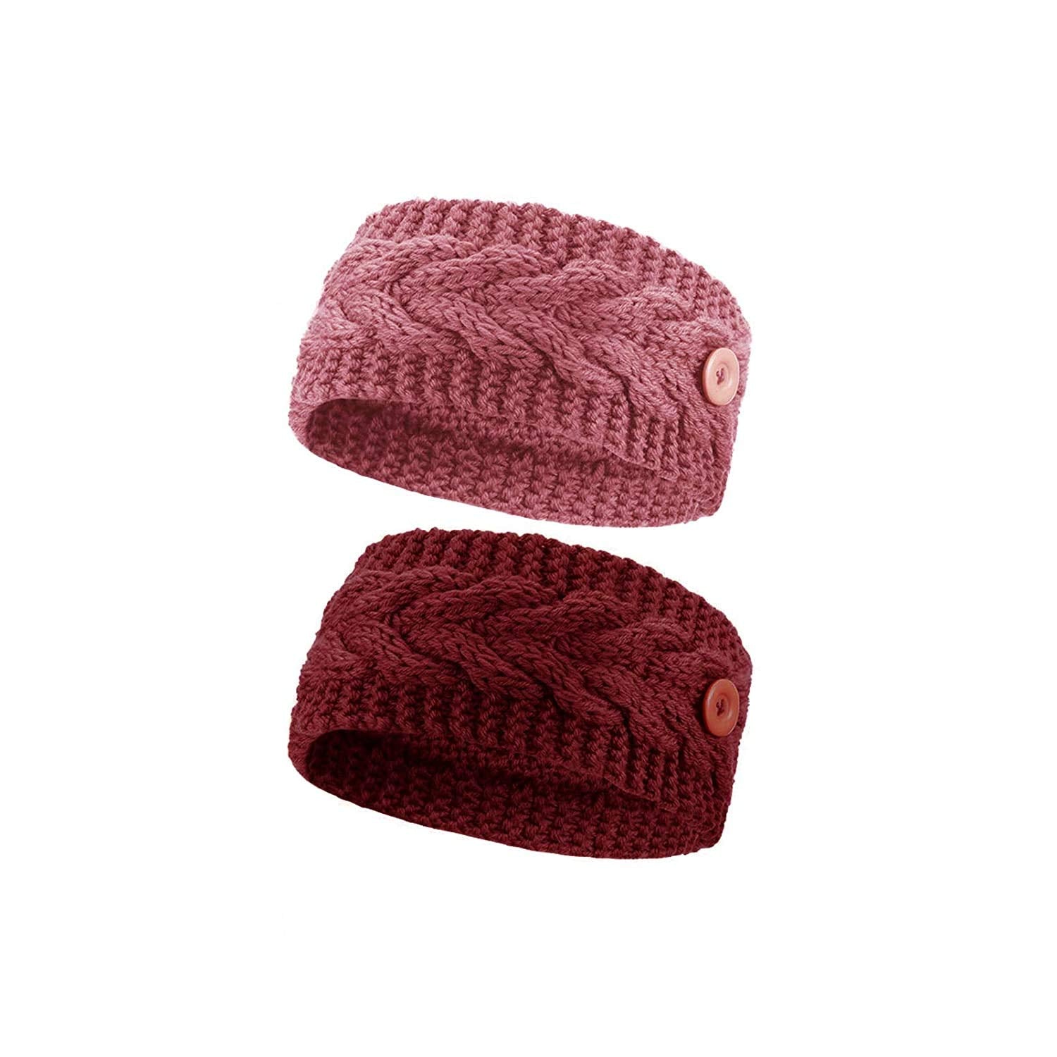 El Regalo 2 PCs Knitted Winter Woolen Warm Headband with Buttons for Face Mask Cover | Cold Weather Hair Accessories Head Wrap | Winter Headbands for Women & Men (Pack of 2) (Red & Pink)