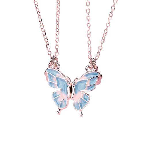 El Regalo 2 PCs BFF Best Friend Forever Butterfly Split Magnetic Matching Pendant Necklaces Set- Friendship Day Gift for Girls/Kids/Teens (Blue Butterflies Golden)