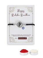 El Regalo Name Initials Evil Eye Bracelet Rakhi for Brother- Name Letter CZ Rakhi with Roli Chawal, Message Card in Rakshabandhan Box for Bhai (Black-P)
