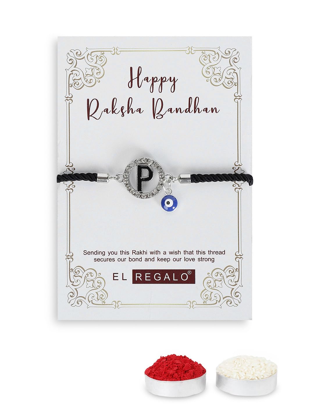 El Regalo Name Initials Evil Eye Bracelet Rakhi for Brother- Name Letter CZ Rakhi with Roli Chawal, Message Card in Rakshabandhan Box for Bhai (Black-P)
