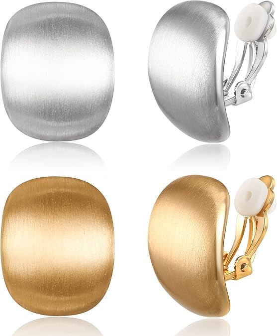 El Regalo 2 Pairs Matte Gold Sliver Non Piercing Clip on Earrings for Women- Geometric Square Casual Fashion Not Pierced Earrings