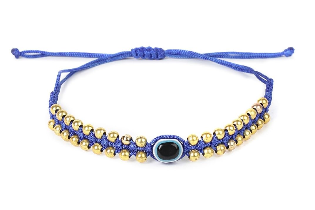 El Regalo Hand Woven Evil Eye Unisex Bracelet - Handmade with Golden & Silver Beads (Golden Blue)