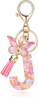 El Regalo Personalized Name Initials Butterfly Charm Keychain - Custom Letter Keyring with Pink Tassel & Butterfly Pendant, Purse, Bag, Backpack Accessory (J Letter)