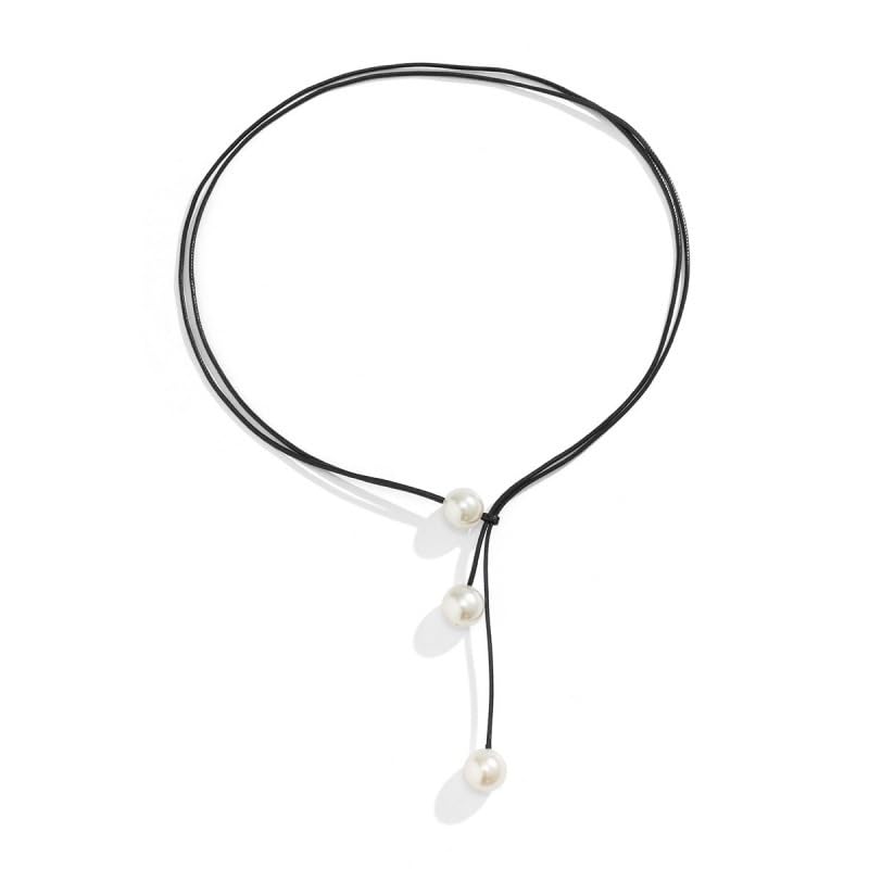 El Regalo Boho Double Layers Leather Pearl Suede Y Drop Adjustable Necklace for Girls & Women- Contemporary Black Leather Wrap Choker Necklace- Gothic Tie Up Necklace