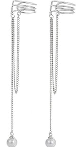El Regalo 1 Pair Pearl Threader Layered Cartilage Clip On Cuff Wrap Earrings- Non Pierced Elegant Drop Dangle Hanging Tassel Chain Cuffs Earrings (Silver)