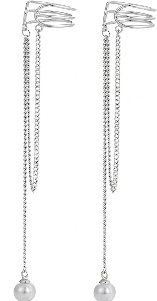 El Regalo 1 Pair Pearl Threader Layered Cartilage Clip On Cuff Wrap Earrings- Non Pierced Elegant Drop Dangle Hanging Tassel Chain Cuffs Earrings (Silver)