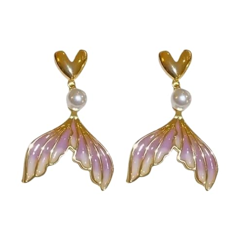 El Regalo Chic Gradient Fishtail Pearl Heart Earrings - Dazzling Mermaid Aesthetic Jewelry with Enameled Fishtail and Heart Stud - Minimalist Vintage Style for Women & Girls