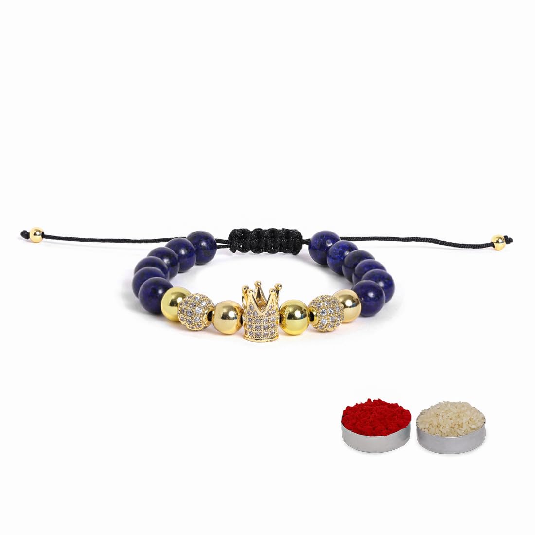 El Regalo 1 PC Natural Stones AD King Crown Rakhi for Brother/Bhai- Designer Handcrafted Natural Stones Rakhi with Roli-Chawal Shagun, Rakhi Message Card in Rakhi Gift Box (Blue & Golden)