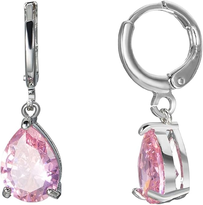 El Regalo Cute Cubic Zirconia Cut Stones Hoop Earrings for Girls & Women- Classic Teardrop Shape Zircon Drop Dangle Earrings (Baby Pink)