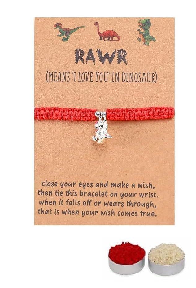 El Regalo Cute Rakhi for Brother- Fancy Tyrannosaurus Dinosaur Bracelet Rakhi for Bhai with Roli Chawal, Rakhi Message Card in Rakhi Gift Box (Red)