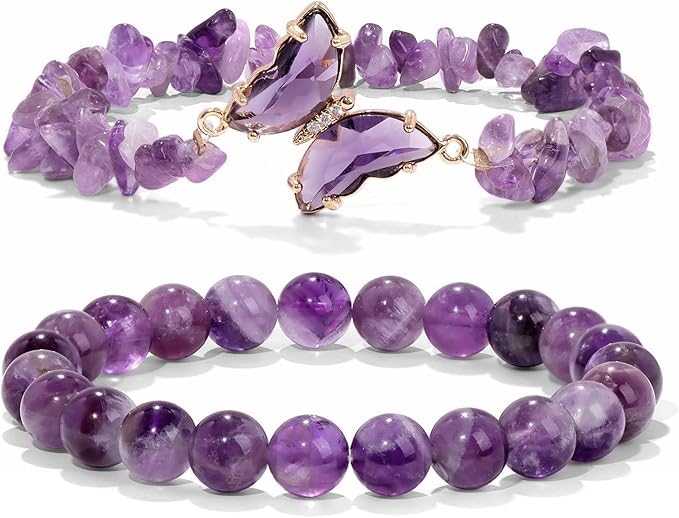 El Regalo 2PCs Natural Crystals Butterfly Bracelets Set- Real Crystals Healing Stones Bracelet Combo for Women (Purple Amethyst)