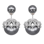 El Regalo Beautiful Double Sided Pearl Earrings for Women - Elegant Crown Rhinestone Front Back Studs | Korean Style Moti Earrings (Silver Grey)