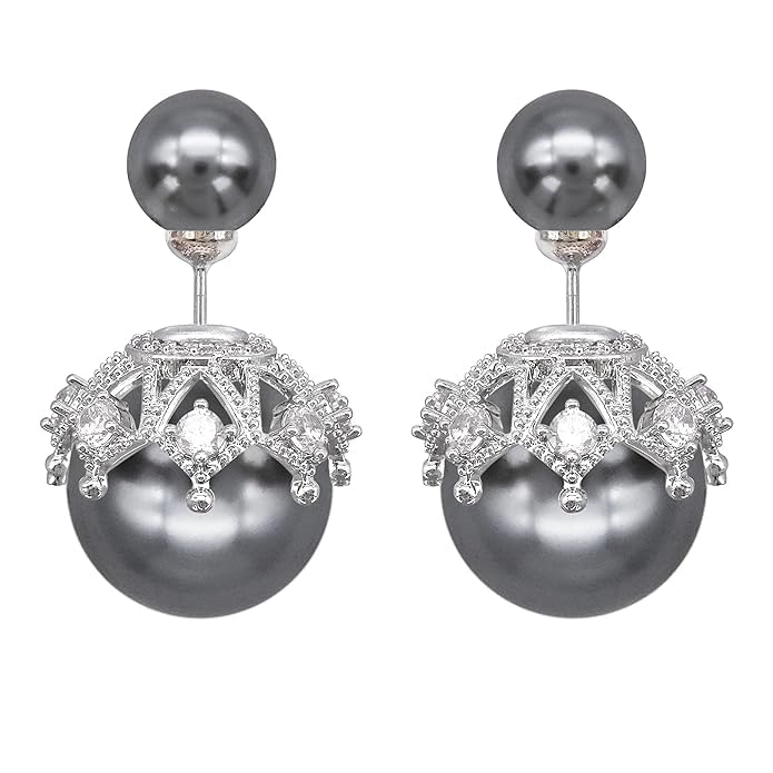 El Regalo Beautiful Double Sided Pearl Earrings for Women - Elegant Crown Rhinestone Front Back Studs | Korean Style Moti Earrings (Silver Grey)