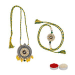 El Regalo Designer Bhaiya- Bhabhi Rakhi Luma/Lumba Set- Kundan, Pearls Rakhi with Roli Chawal in Gift Box- Luma Convertible into Necklace (Option-4)