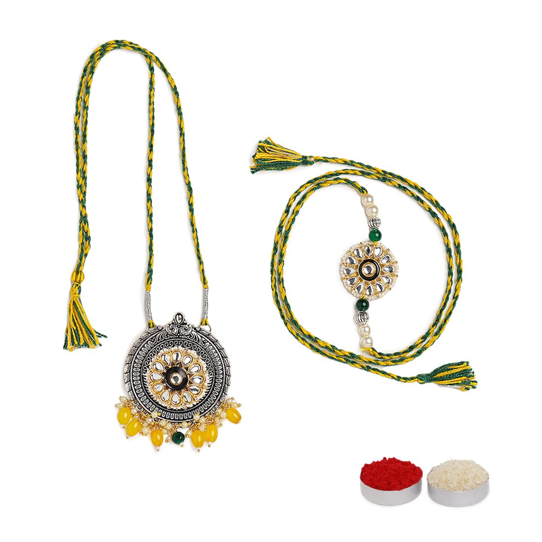 El Regalo Designer Bhaiya- Bhabhi Rakhi Luma/Lumba Set- Kundan, Pearls Rakhi with Roli Chawal in Gift Box- Luma Convertible into Necklace (Option-4)