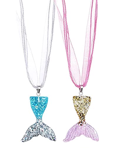 El Regalo 2Pcs Mermaid Fish Tail Necklaces Set- Mermaid Fishtail Necklace Gorgeous Pendant Necklace for Mermaid Birthday Supplies Girl's Party Ocean Theme Party Supplies (Color Option- 2)
