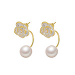 El Regalo 1 Pair Luxury Black & White Camellia Oil Drop Flower Pearl Cuff Earrings for Girls & Women - Retro Elegant Flower Stud Earring (White)