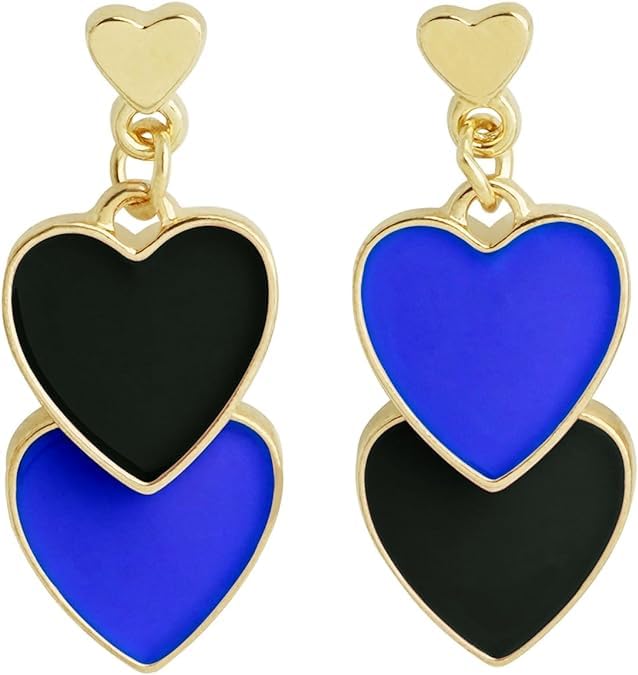 El Regalo 1 Pair Double Love Heart Drop Earrings- Valentine's Day Gift- Two Tone Oil Drop Heart Dangle Earrings for Girls & Women (Black+Blue)