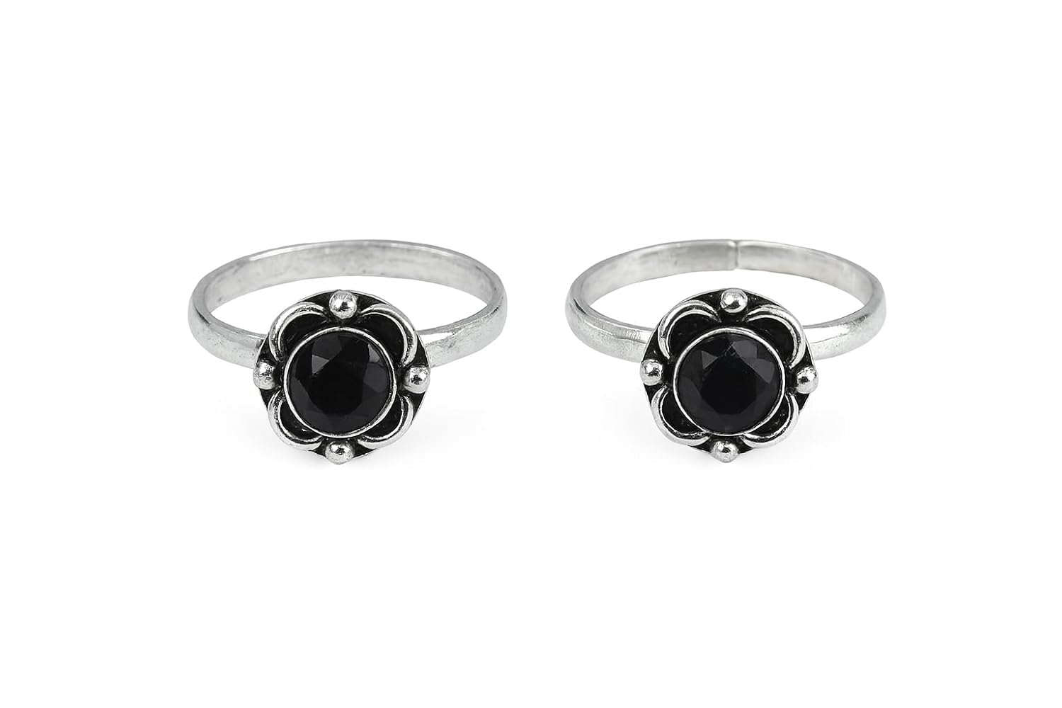 El Regalo Flower Toe Rings For Women | Stones Toe Rings | Oxidized German Silver Flower Toe Rings Set with Stones (1 Pair) for Women (Black Stones)