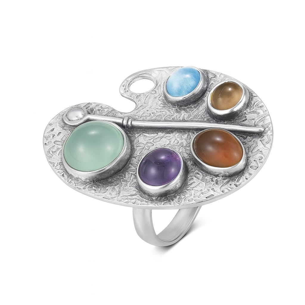 El Regalo Artistic Painter's Palette Finger Ring - Silver Plated Adjustable Ring with Multicolor Stone Cabochons - Unique Bohemian Jewelry for Women & Girls