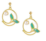 El Regalo Mermaid Tail Pearl Enamel Earring for Women & Girls- Mermaid Tail Pearl Earrings with Gold, Pearl & Teal Accents (Ocean Green)