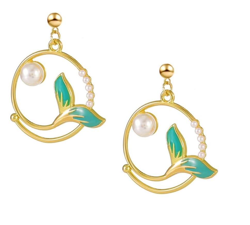El Regalo Mermaid Tail Pearl Enamel Earring for Women & Girls- Mermaid Tail Pearl Earrings with Gold, Pearl & Teal Accents (Ocean Green)
