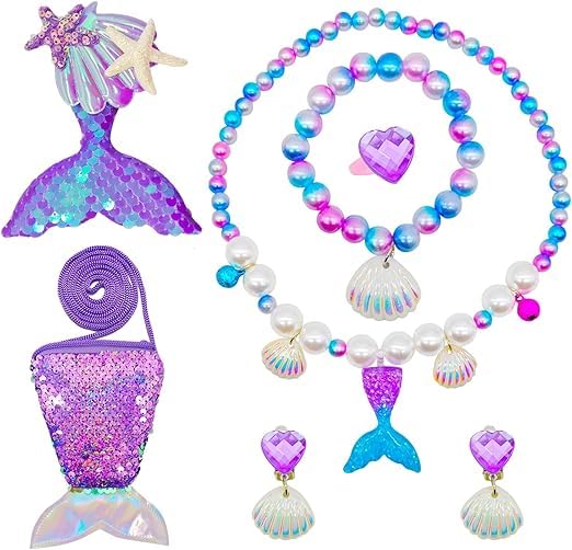El Regalo 6PCs Mermaid Shell Girls Kids Jewelry Set- Necklace, Bracelet, Earrings, Ring, Hair Clip & Sequin Handbag for Girls- Girls Princess Jewelry Set
