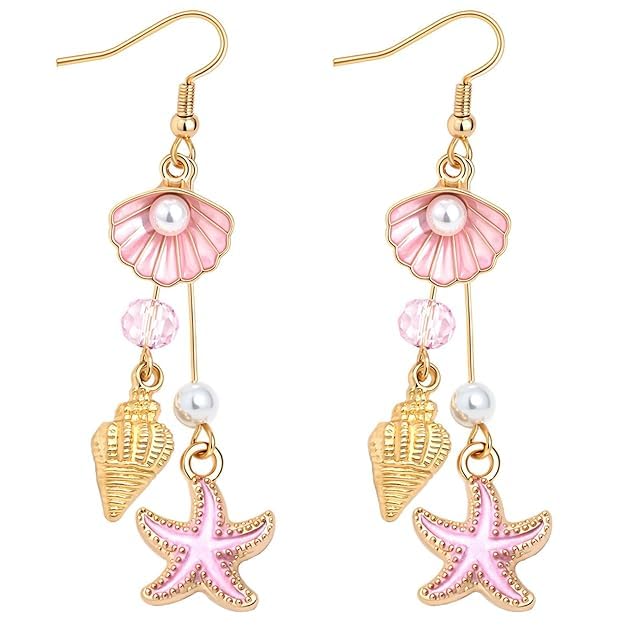 El Regalo Ocean Charm Starfish & Seashell Dangle Earrings for Women & Girls | Gold Plated Beach-Themed Pearl Drop Earrings | Cute & Trendy Jewelry Gift