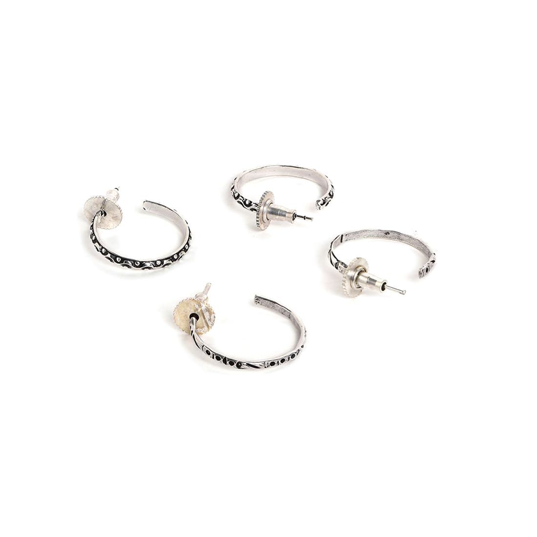 El Regalo 2 Pairs Tribal Oxidized Half Hoop Earrings, Huggie Earrings- Hammered Bohemian Oxidized German Silver Baali Earrings (Option-6)