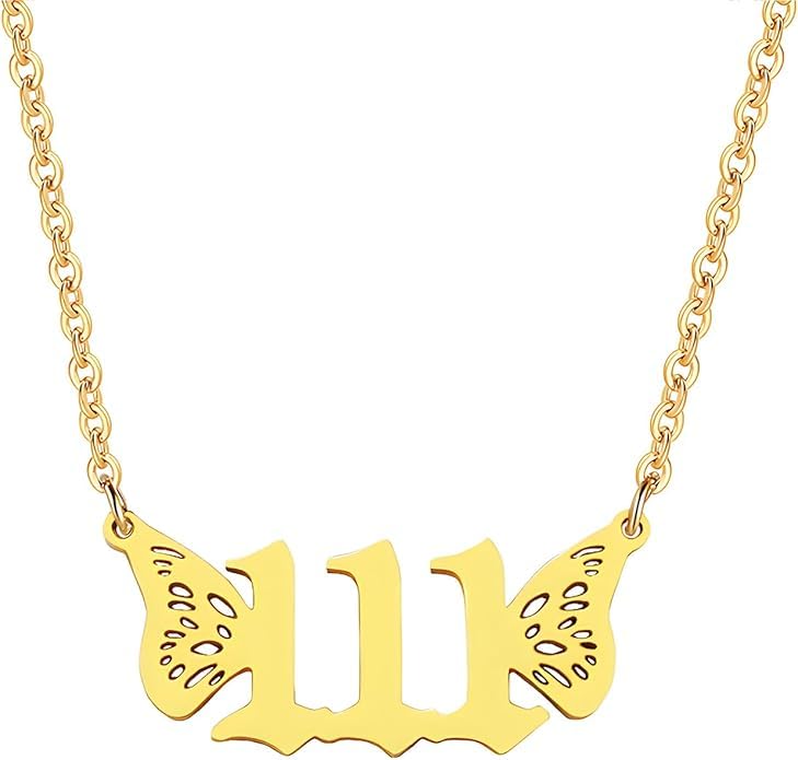 El Regalo Small Butterfly Wings Angel Number Necklace- Stainless Steel, Anti Tarnish, Angel Number Numerology Jewelry for Women & Girls (Angel Number 444)