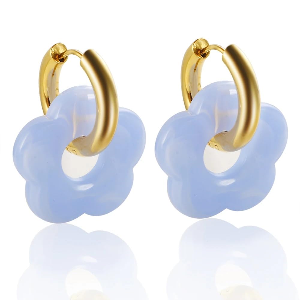 El Regalo Women's & Girl's Vintage Big & Bold Stainless Steel Acrylic Flower Hoop Earrings- Colorful Hollow Marbled Finished Flower Huggie Earrings (Cloud Blue)
