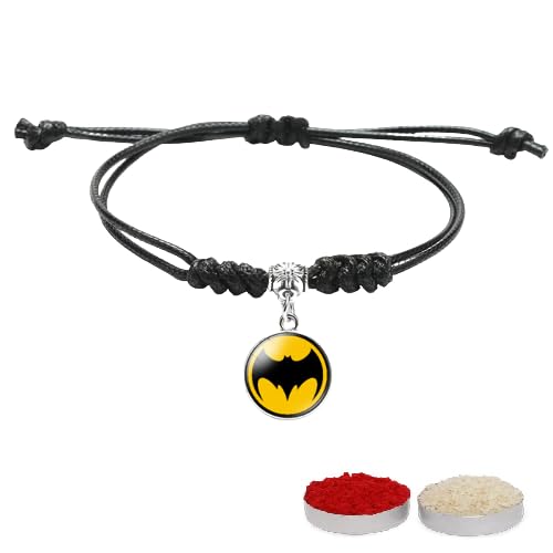 El Regalo 1PC Superhero Kids Rakhi- Fun Kids Bracelet Rakhi with Roli Chawal, Rakhi Message Card in Rakhi Gift Box for Little Bro/Sister/Niece or Nephew (Batman Black Rakhi)