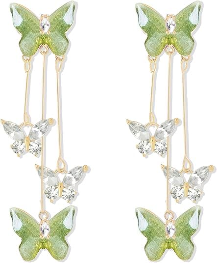 El Regalo Cute 3D Crystal Butterfly Tassel Earrings for Women & Girls | 18K Gold Plated Long Hanging Drop Linear Earrings | Elegant Korean Aesthetic Western Party Jewelry (Green)