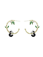 El Regalo Cute Enamelled 3D Panda Bamboo Half Hoop Earrings- Luxury Drip Oil Panda Bamboo Earrings for Women/Girls