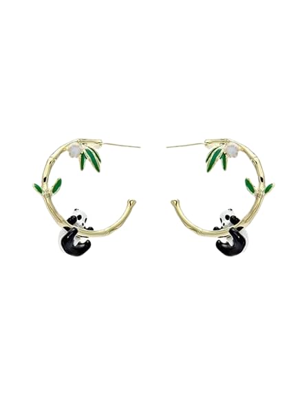 El Regalo Cute Enamelled 3D Panda Bamboo Half Hoop Earrings- Luxury Drip Oil Panda Bamboo Earrings for Women/Girls