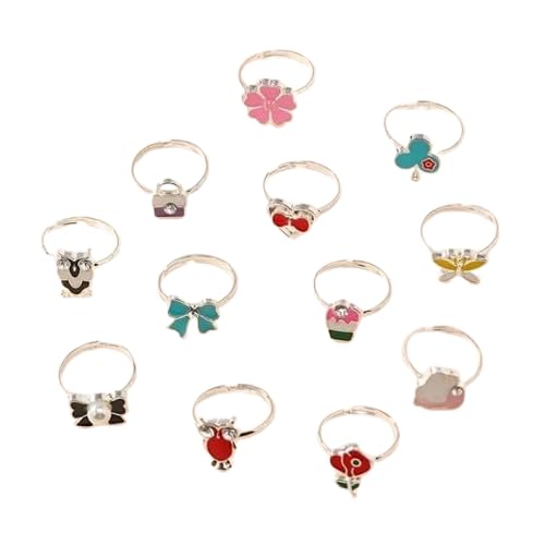 El Regalo 12 Pcs Cute Adjustable Rings Set for Kids/Girls/Women - Colorful Cartoon Enamel Finger Rings | Adjustable Cute Jewelry Gift Box - Butterfly, Flower, Bow, Heart, Cherry Designs (Style-1)