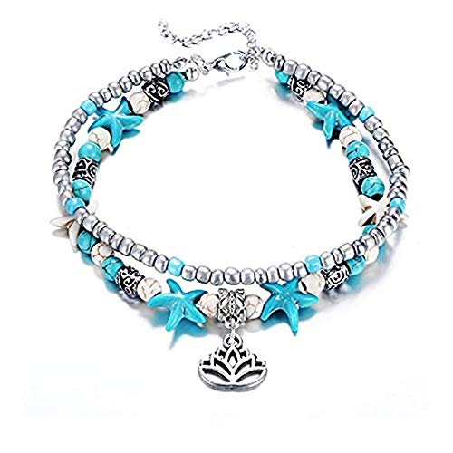 El Regalo Antique Silver Tone Multi Layer Turquoise Beach Beaded Bohemian Fashion Charm Anklets for Women & Girls (Lotus Charm)