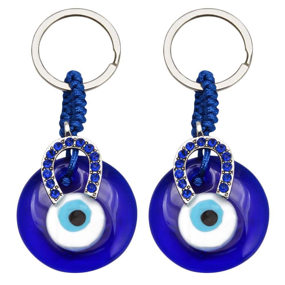 El Regalo 2 Pcs Turkish Evil Eye Keychain Blue Eyes Charms Key Ring Good Luck Keychain Metal Eye Beads Pendants for Women Men